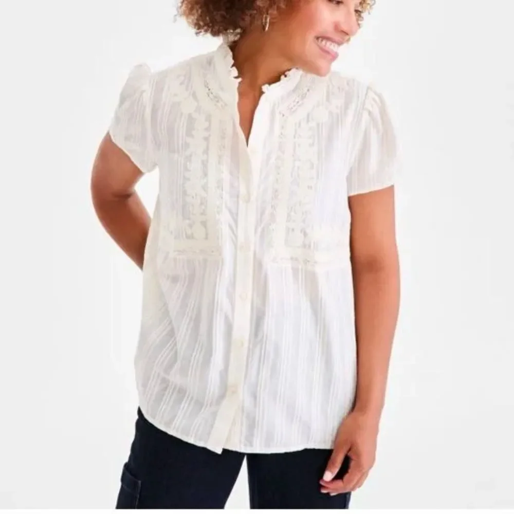 Style & Co Embroidered Button Front Blouse Cream Small NWT - Picture 1 of 7